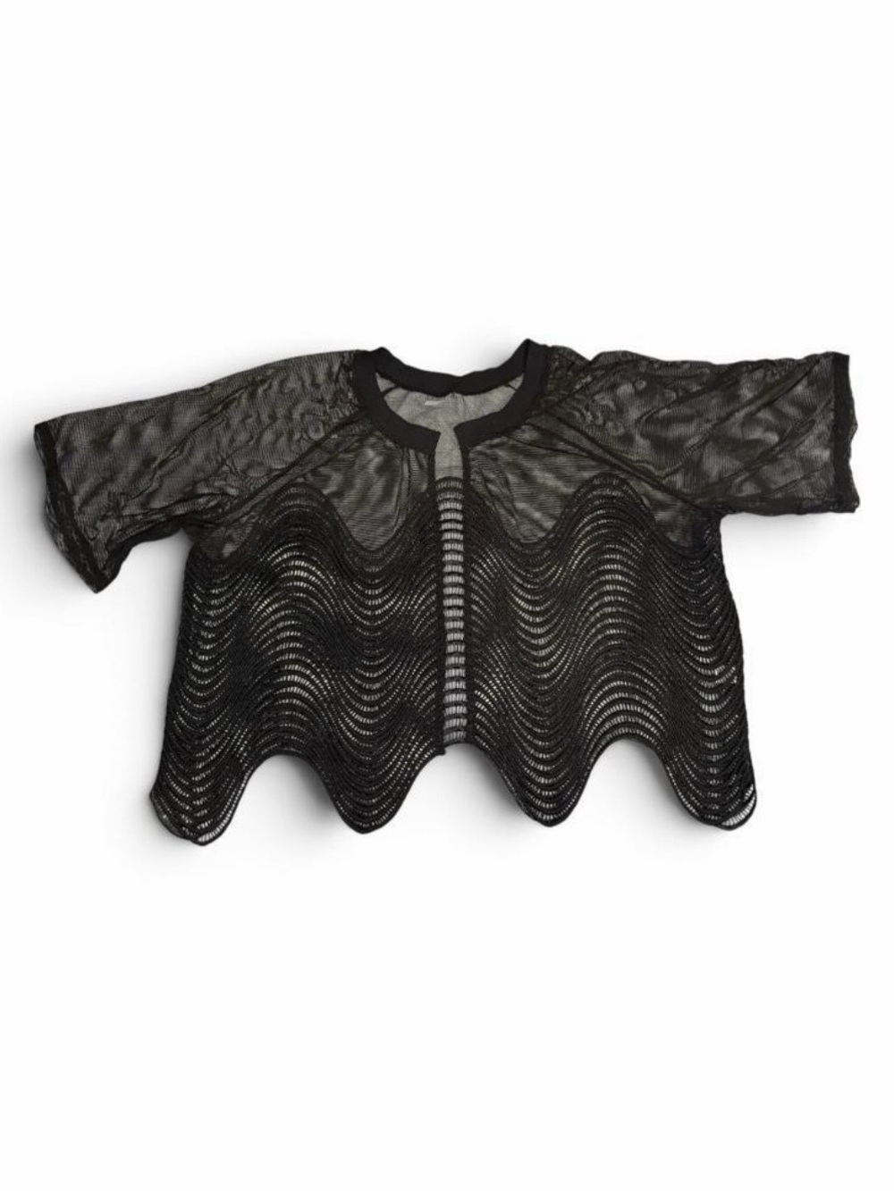 Mirror Image Mesh Shrug Top Black 2X Wavy Scalloped Hem Sheer Cropped Bolero